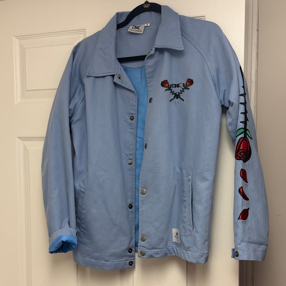 Ethik Light Blue Bomber Jacket with Rose Embroidery